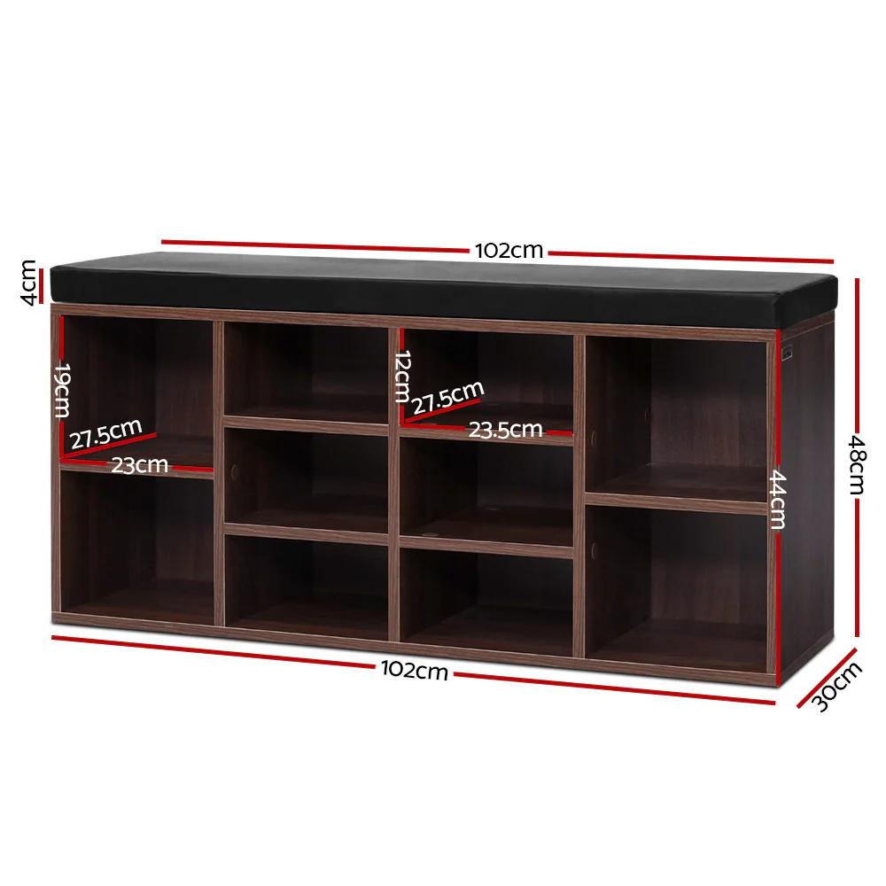 Shoe Shelf Bench with Cushioned Seat – Walnut & Black - Image 2