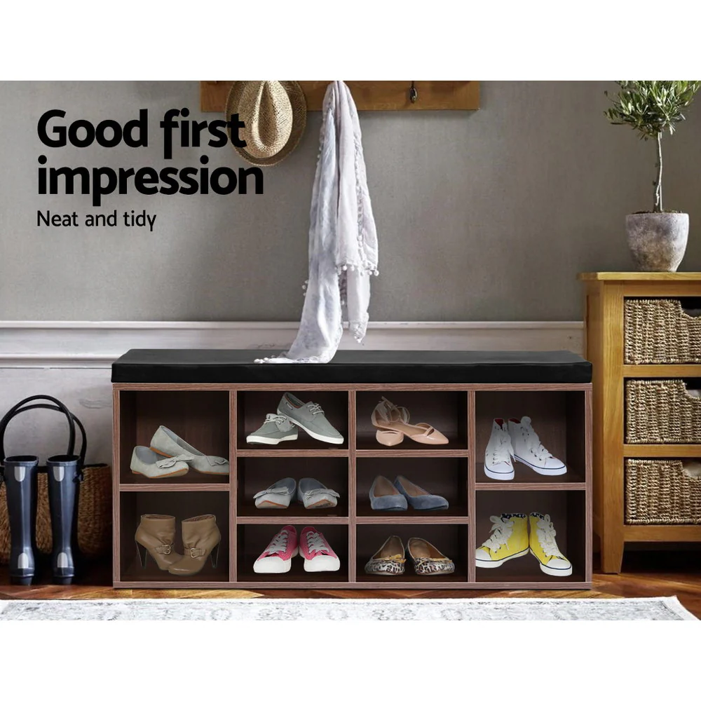 Shoe Shelf Bench with Cushioned Seat – Walnut & Black - Image 3