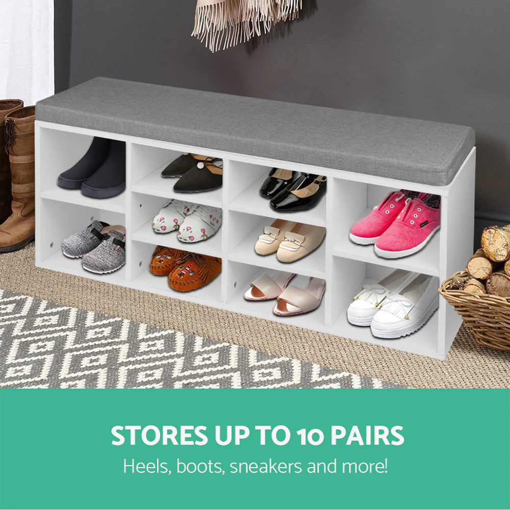 Shoe Shelf Bench with Cushioned Seat – White & Grey - Image 4