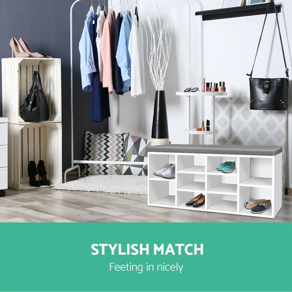 Shoe Shelf Bench with Cushioned Seat – White & Grey - Image 5