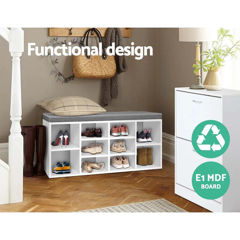 Shoe Shelf Bench with Cushioned Seat – White & Grey - Image 6