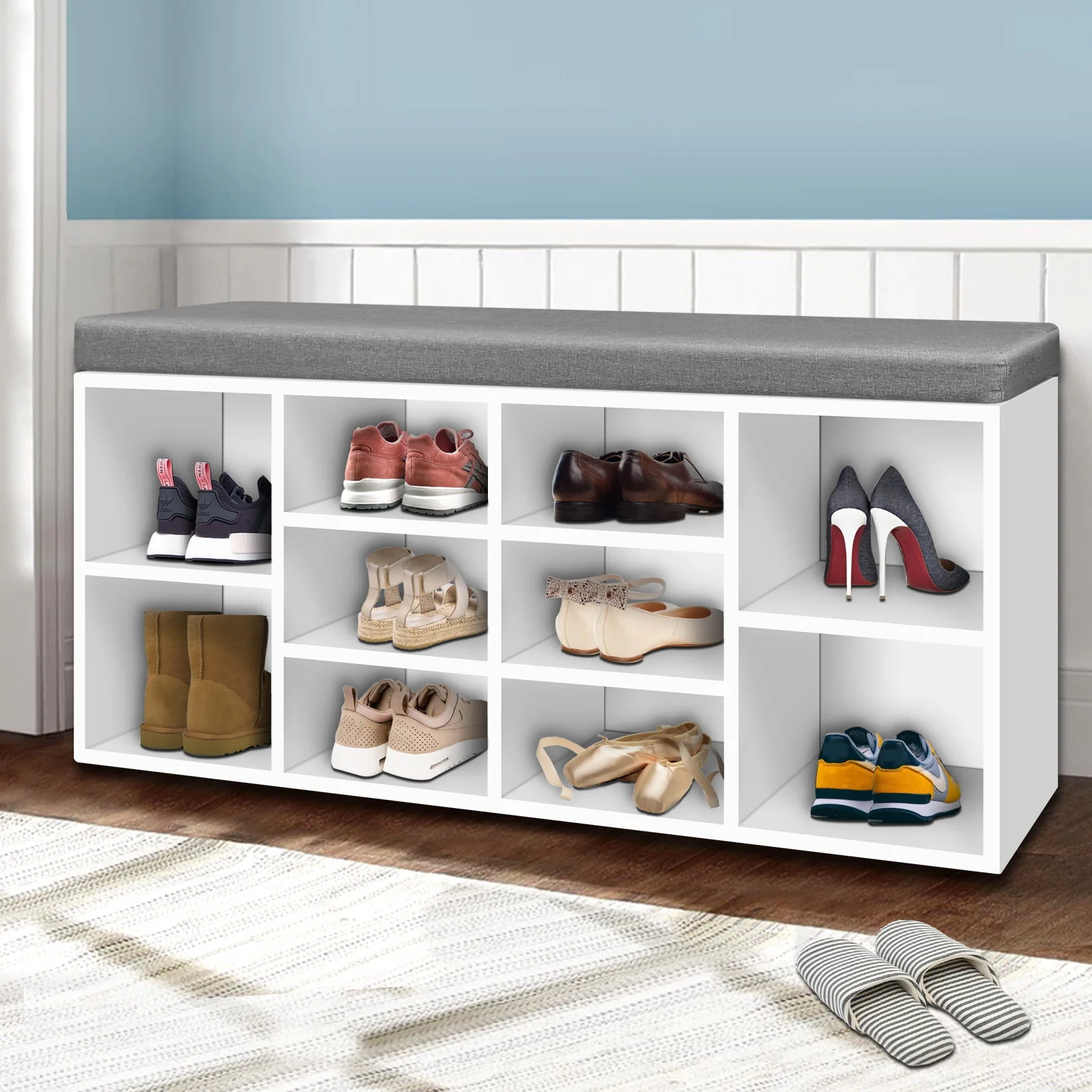 Shoe Shelf Bench with Cushioned Seat – White & Grey - Image 7