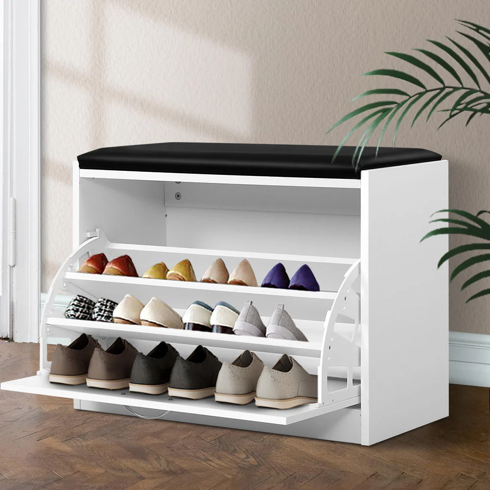 Shoe Storage Bench – White with Black Leather Seat