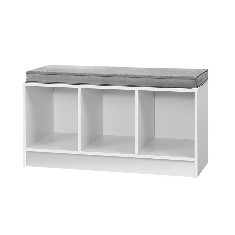 Shoe Storage Bench – White with Grey Linen Cushion
