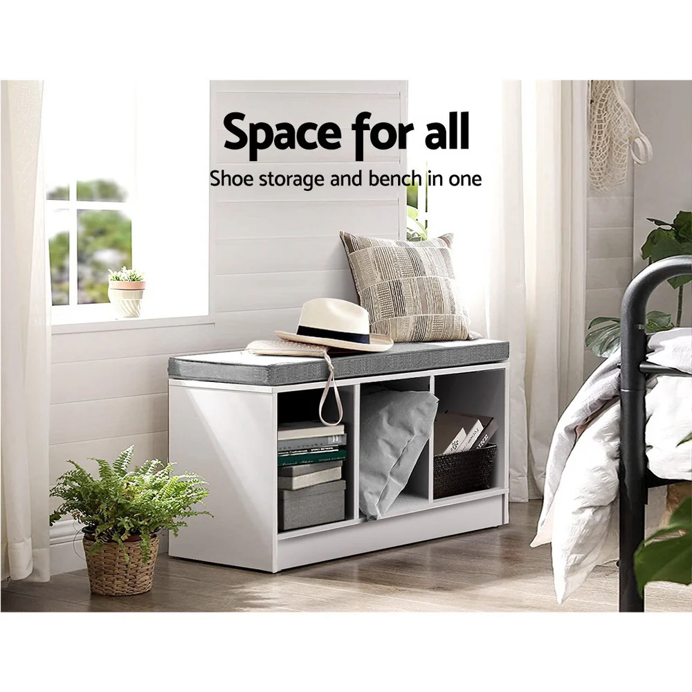 Shoe Storage Bench – White with Grey Linen Cushion - Image 6