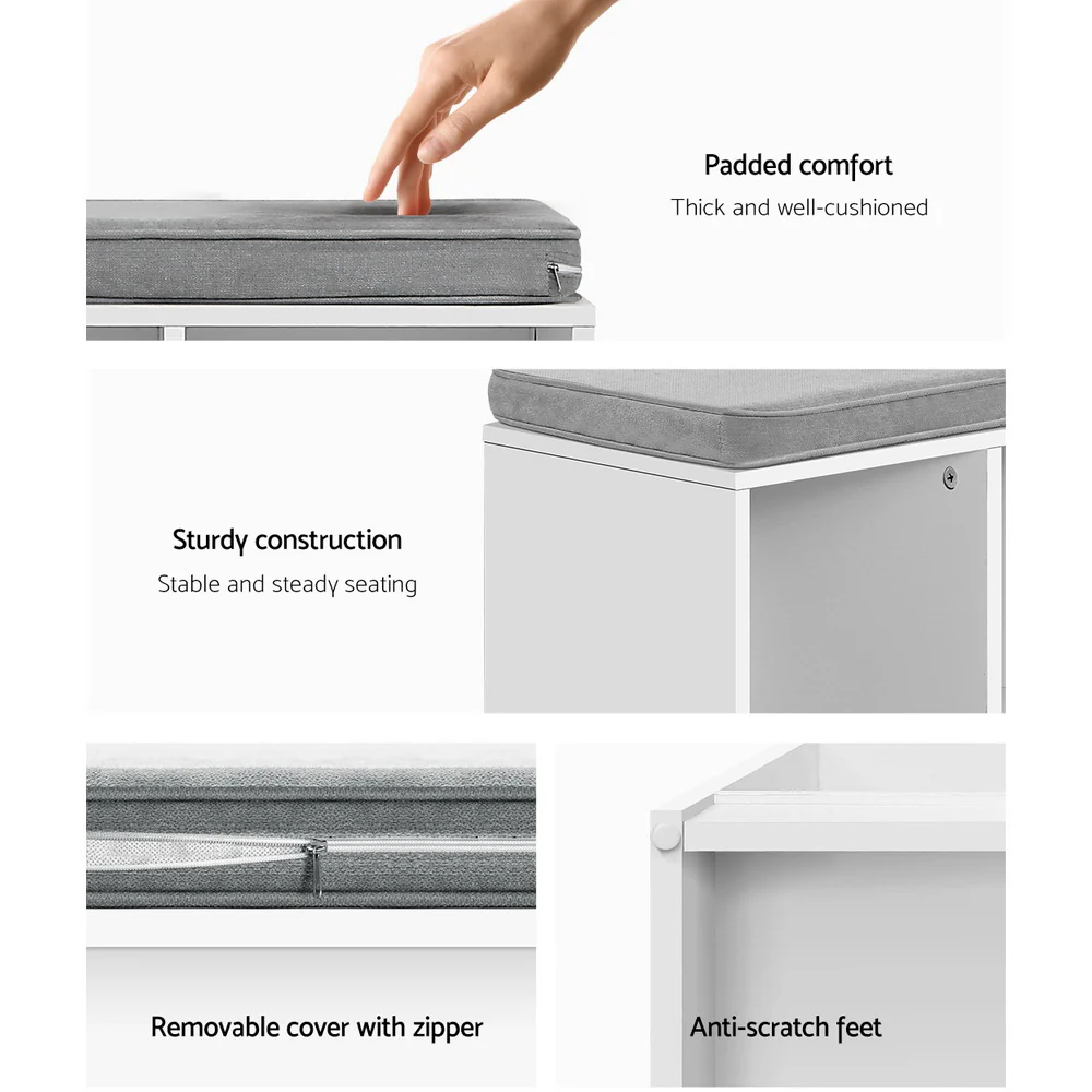 Shoe Storage Bench – White with Grey Linen Cushion - Image 7