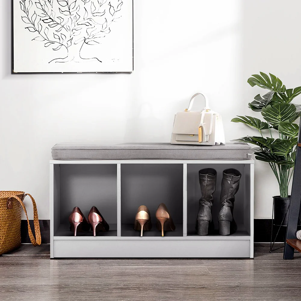 Shoe Storage Bench – White with Grey Linen Cushion - Image 8
