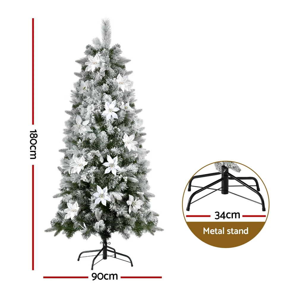 6FT / 1.8M Slim Snow Flocked Christmas Tree with Flowers – 564 Tips - Image 3