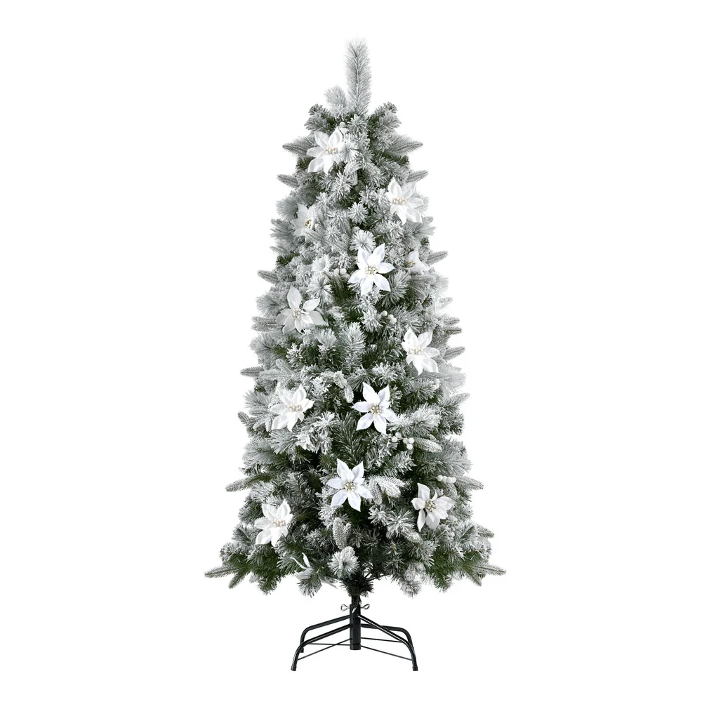 6FT / 1.8M Slim Snow Flocked Christmas Tree with Flowers – 564 Tips - Image 4