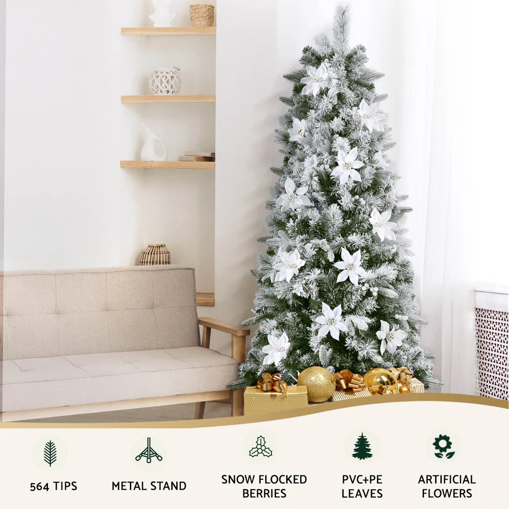 6FT / 1.8M Slim Snow Flocked Christmas Tree with Flowers – 564 Tips - Image 5