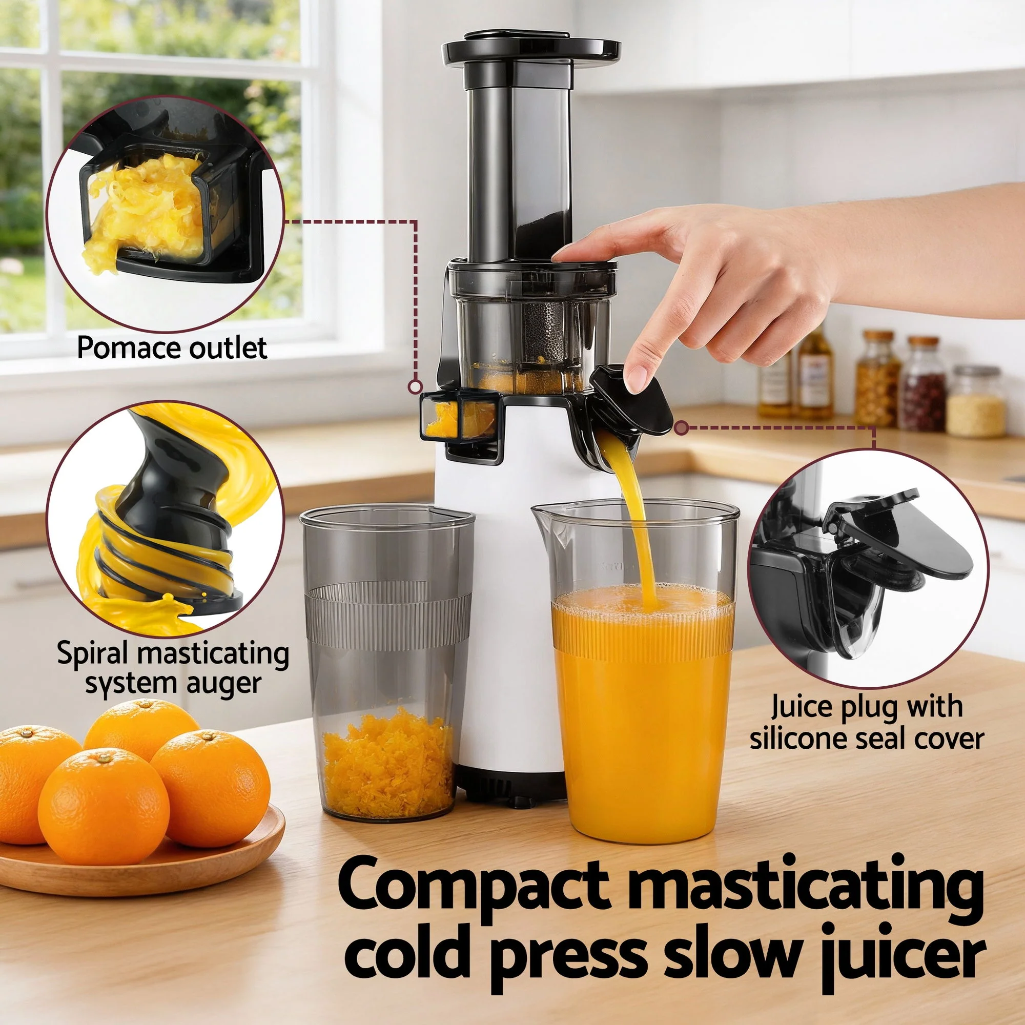 Slow Juicer Cold Press Fruit Juice Extractor 130W - White - Image 4