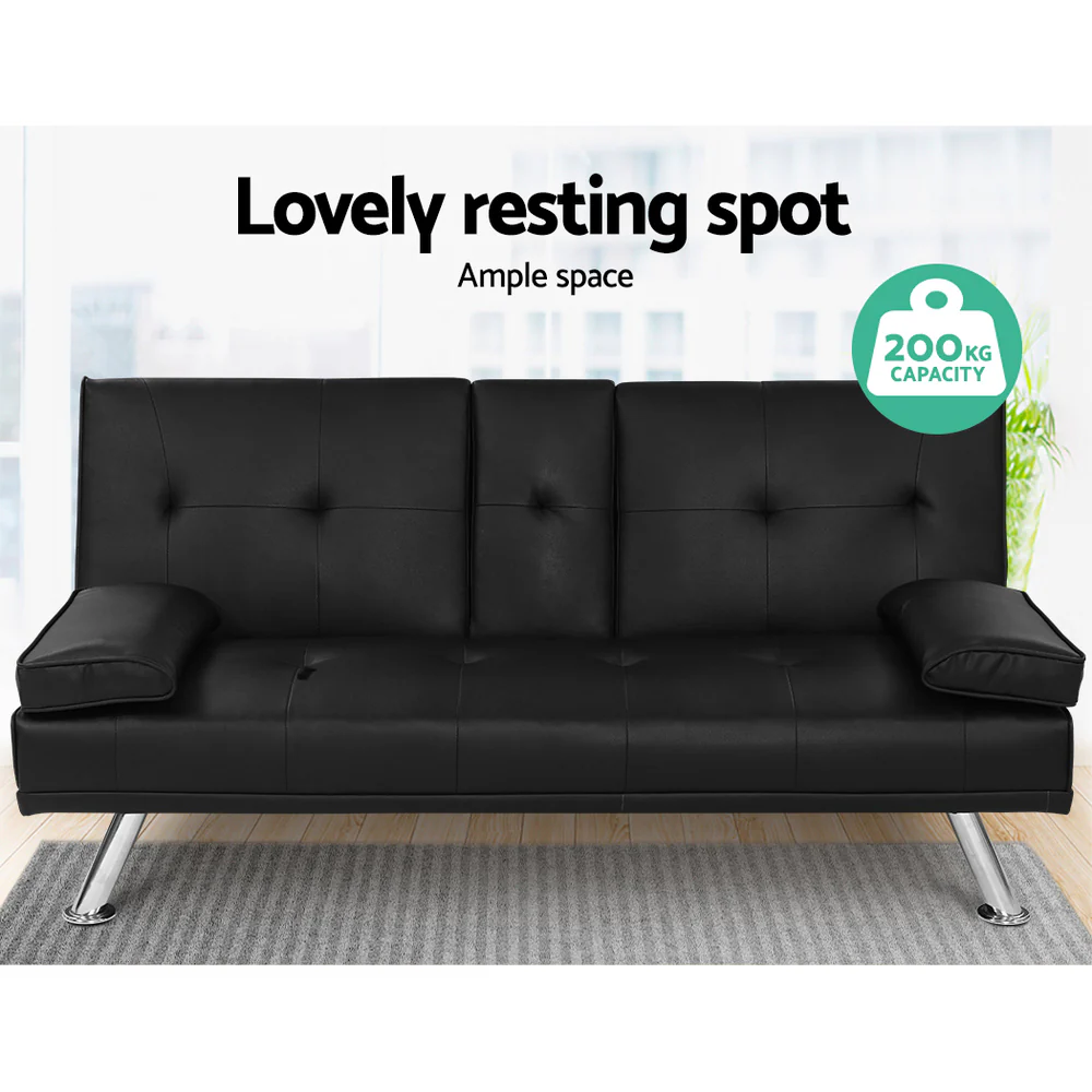 Sofa Bed 168CM Black PU Leather - Image 3