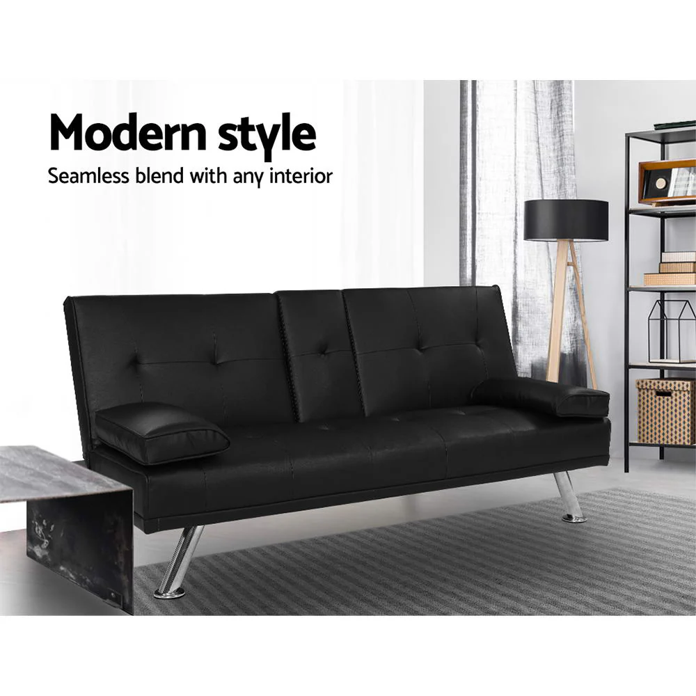 Sofa Bed 168CM Black PU Leather - Image 4