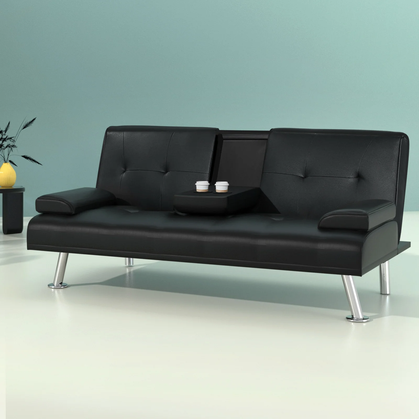Sofa Bed 168CM Black PU Leather - Image 7