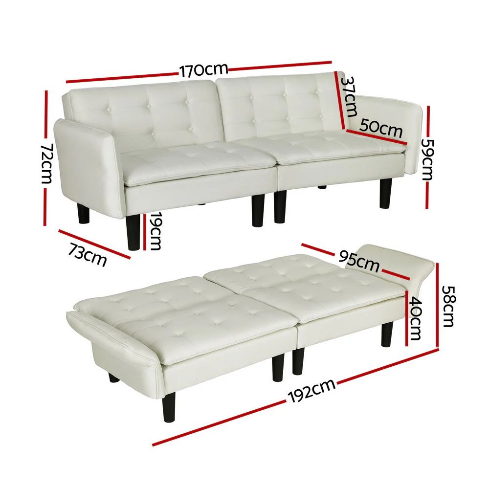 Sofa Bed 3 Seater Tufted Faux Linen Beige - Image 2
