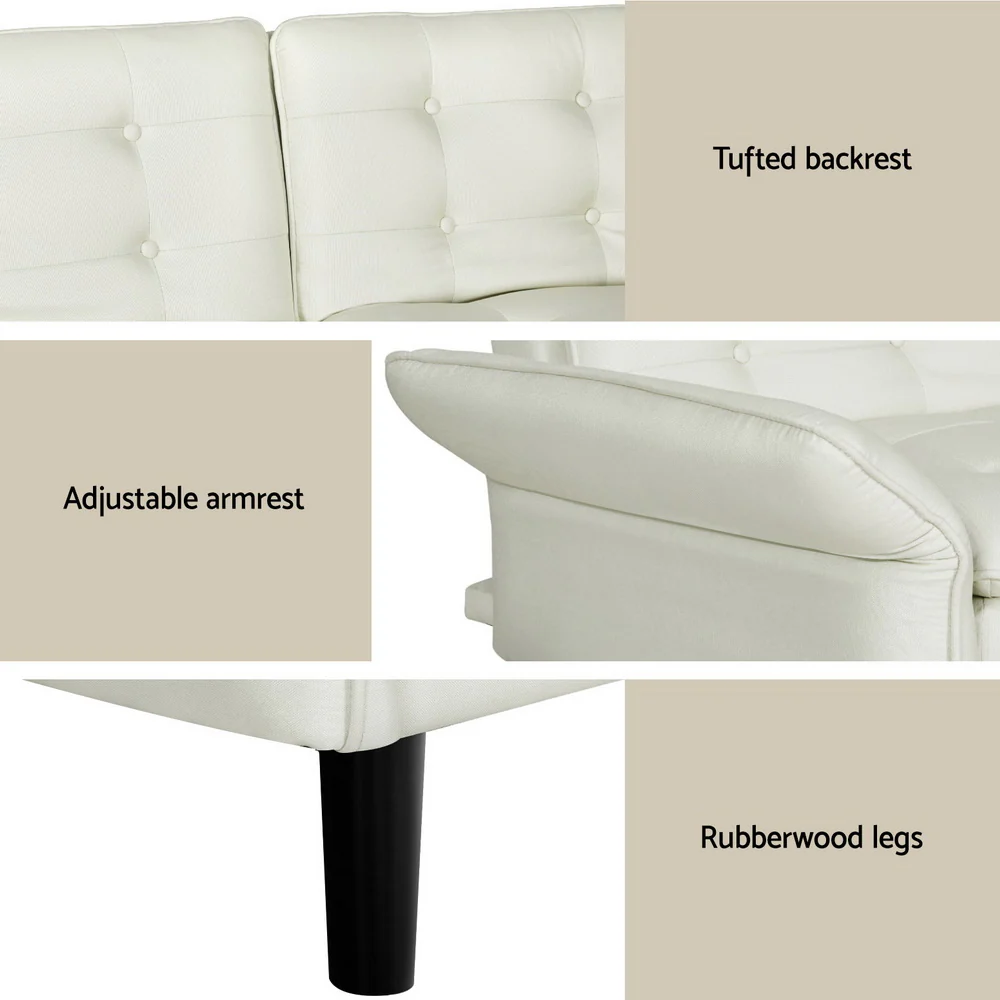 Sofa Bed 3 Seater Tufted Faux Linen Beige - Image 6