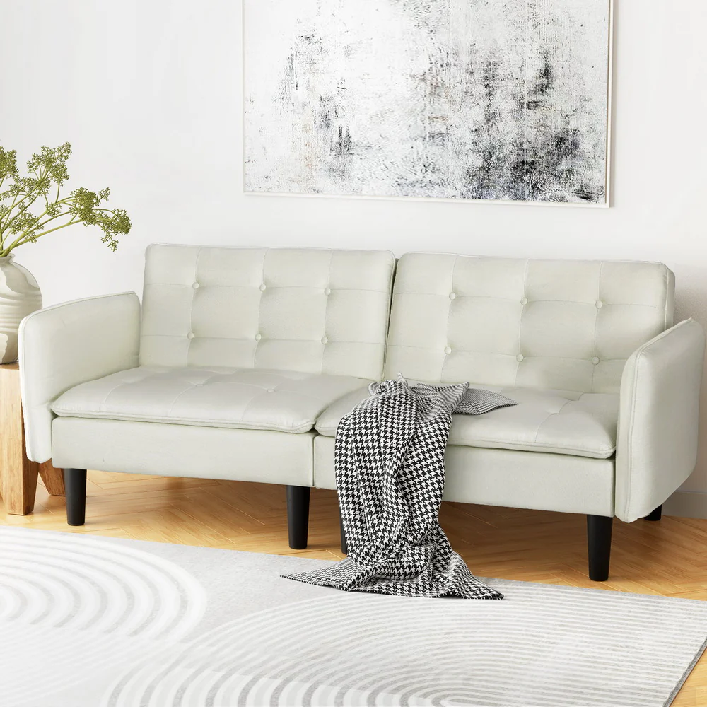 Sofa Bed 3 Seater Tufted Faux Linen Beige - Image 7
