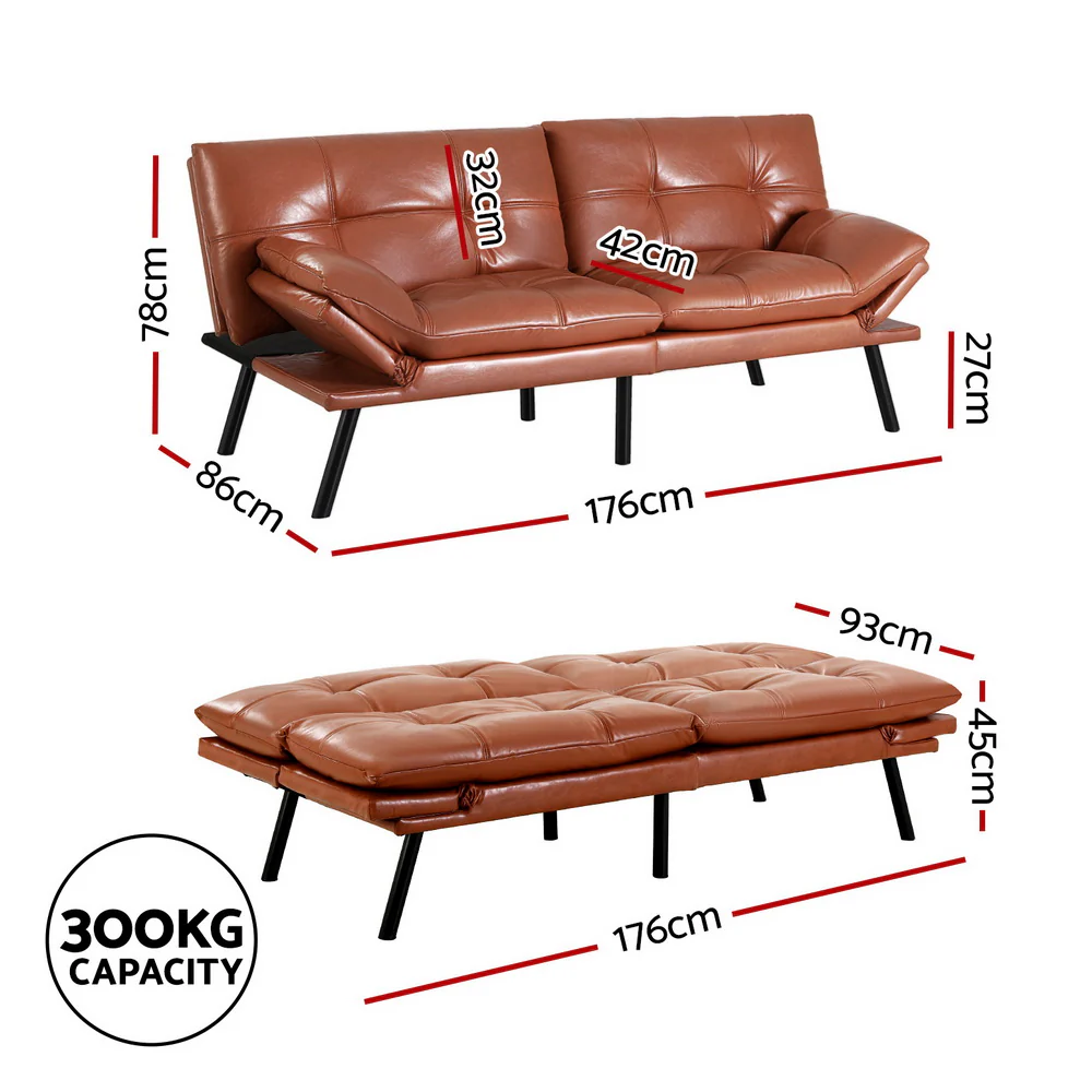 Sofa Bed Convertible 3 Seater Couch Recliner Lounge Chair Leather Brown - Image 2