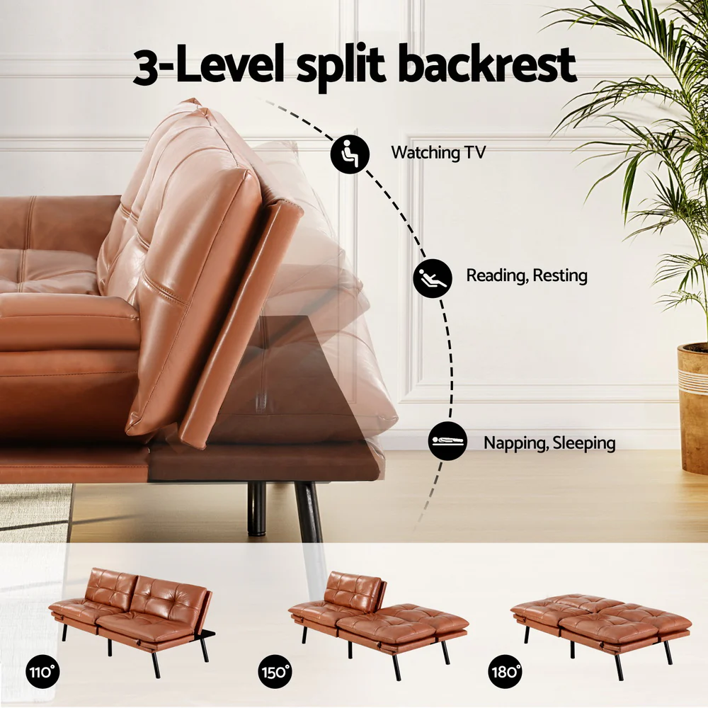 Sofa Bed Convertible 3 Seater Couch Recliner Lounge Chair Leather Brown - Image 4