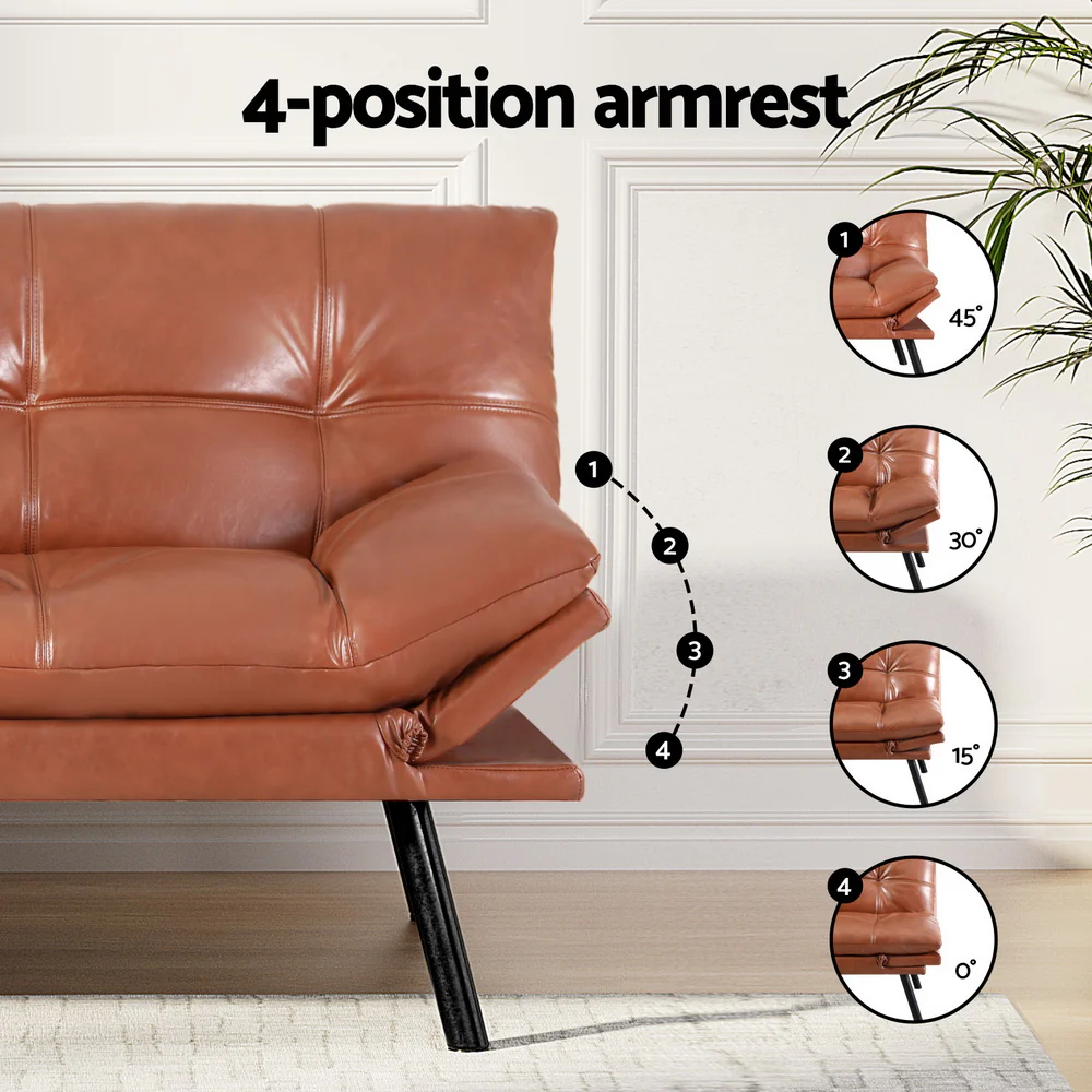 Sofa Bed Convertible 3 Seater Couch Recliner Lounge Chair Leather Brown - Image 5