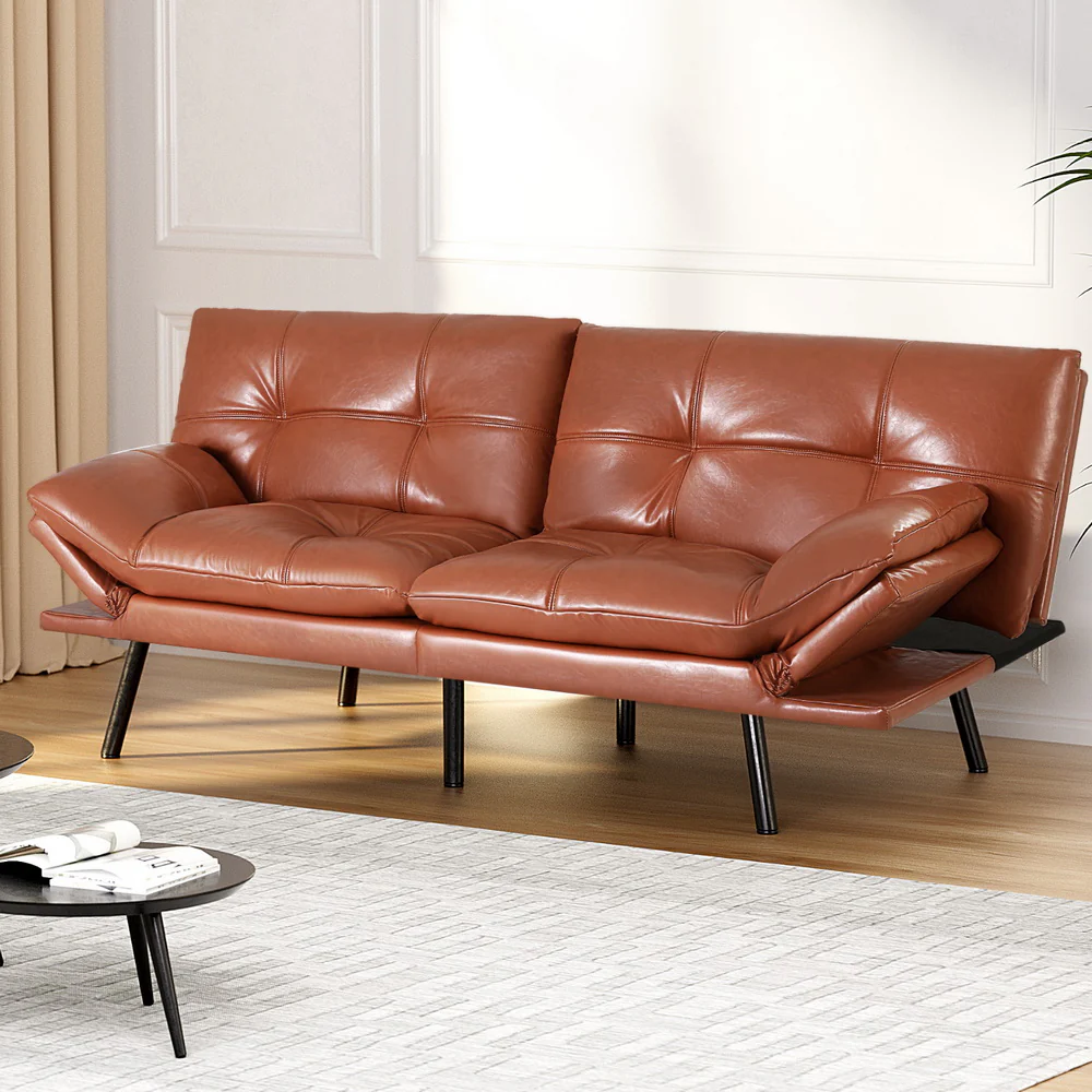 Sofa Bed Convertible 3 Seater Couch Recliner Lounge Chair Leather Brown - Image 7