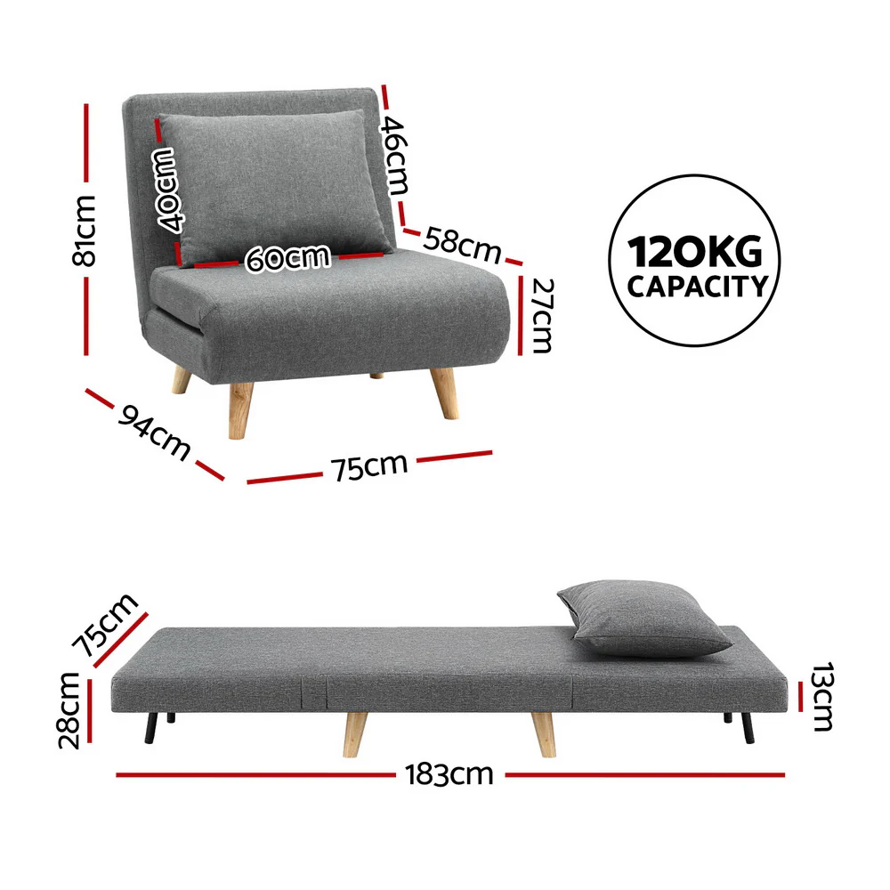 Sofa Bed Convertible Couch Recliner Lounge Chair Linen Grey - Image 2