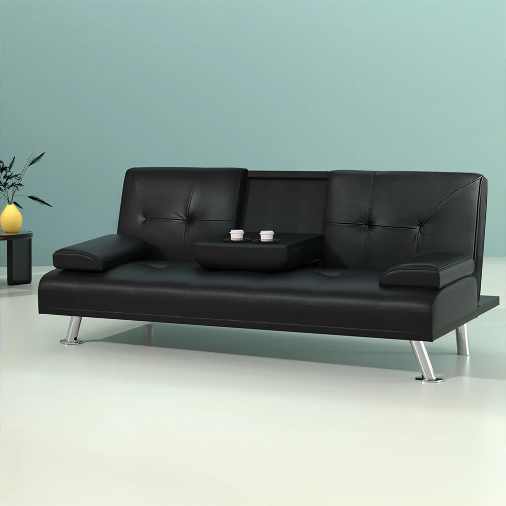 Sofa Bed Lounge Convertible Leather Couch Bed 3 Seater Cupholder Recliner - Image 8
