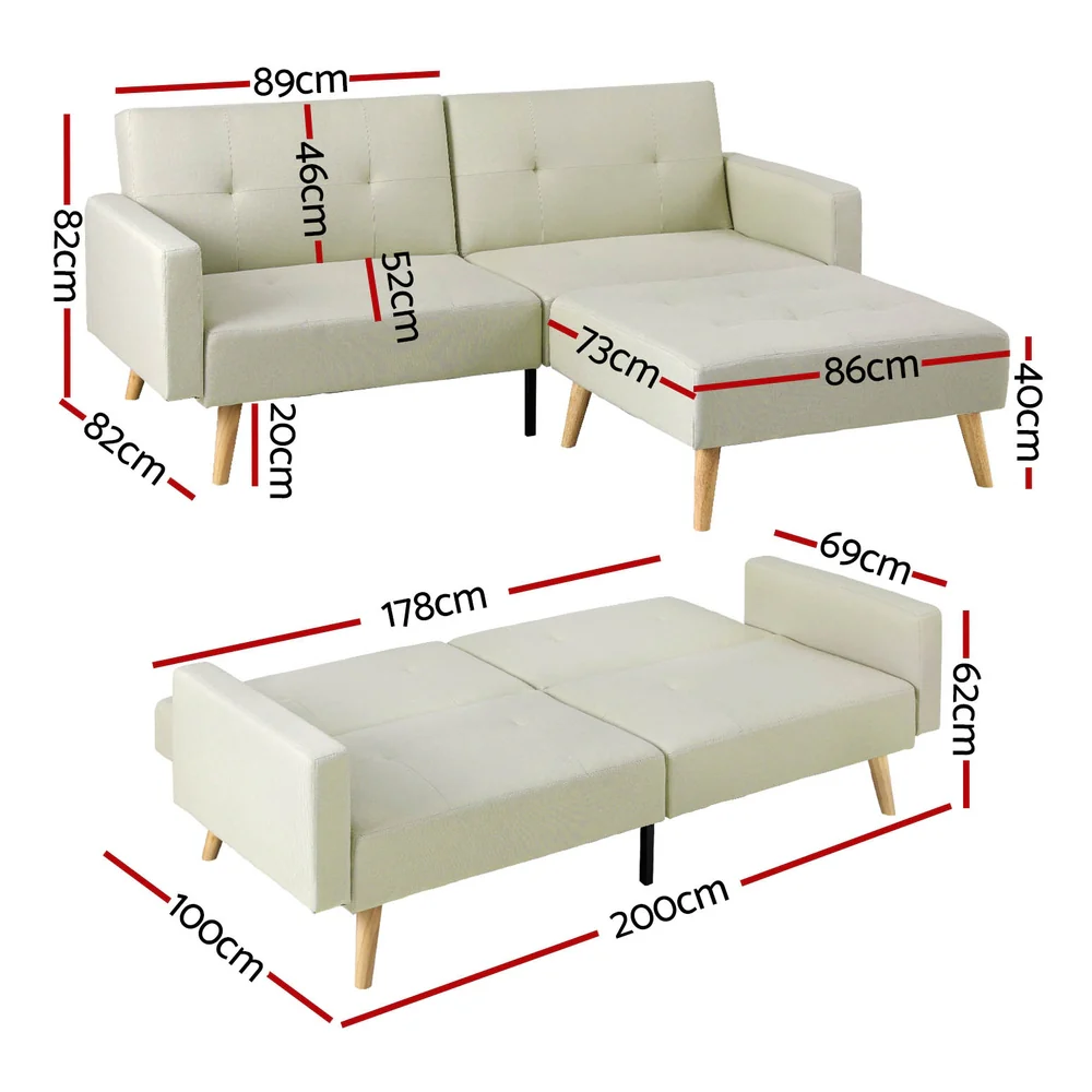 Sofa Bed Lounge Convertible Ottoman Couch Recliner 3 Seater Fabric Beige - Image 2