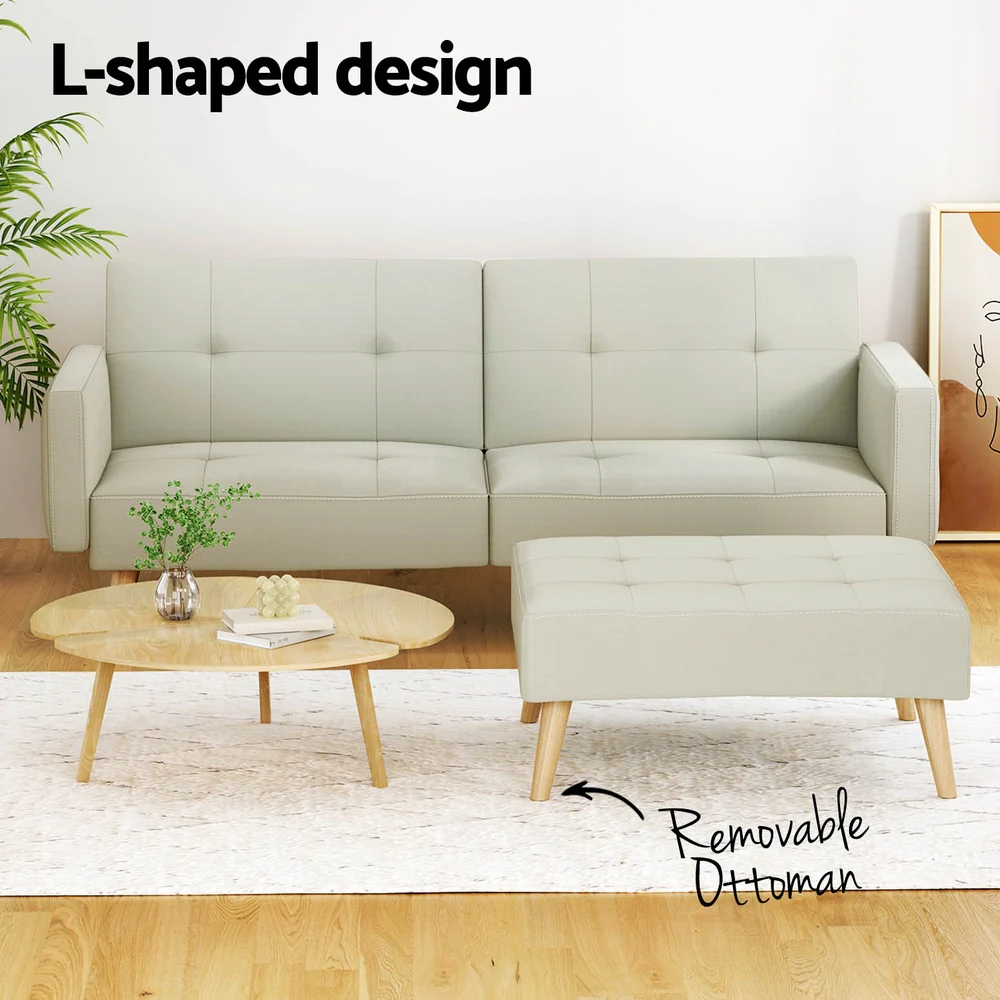 Sofa Bed Lounge Convertible Ottoman Couch Recliner 3 Seater Fabric Beige - Image 5