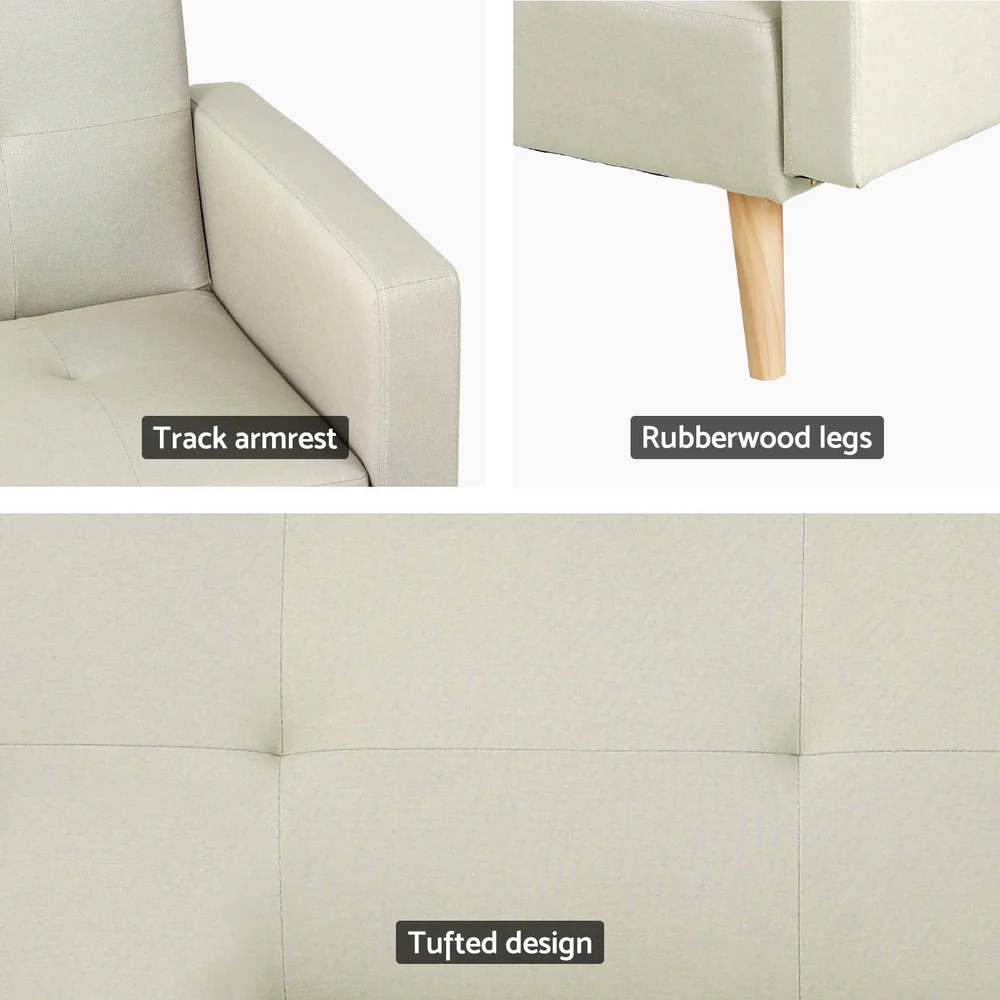 Sofa Bed Lounge Convertible Ottoman Couch Recliner 3 Seater Fabric Beige - Image 6