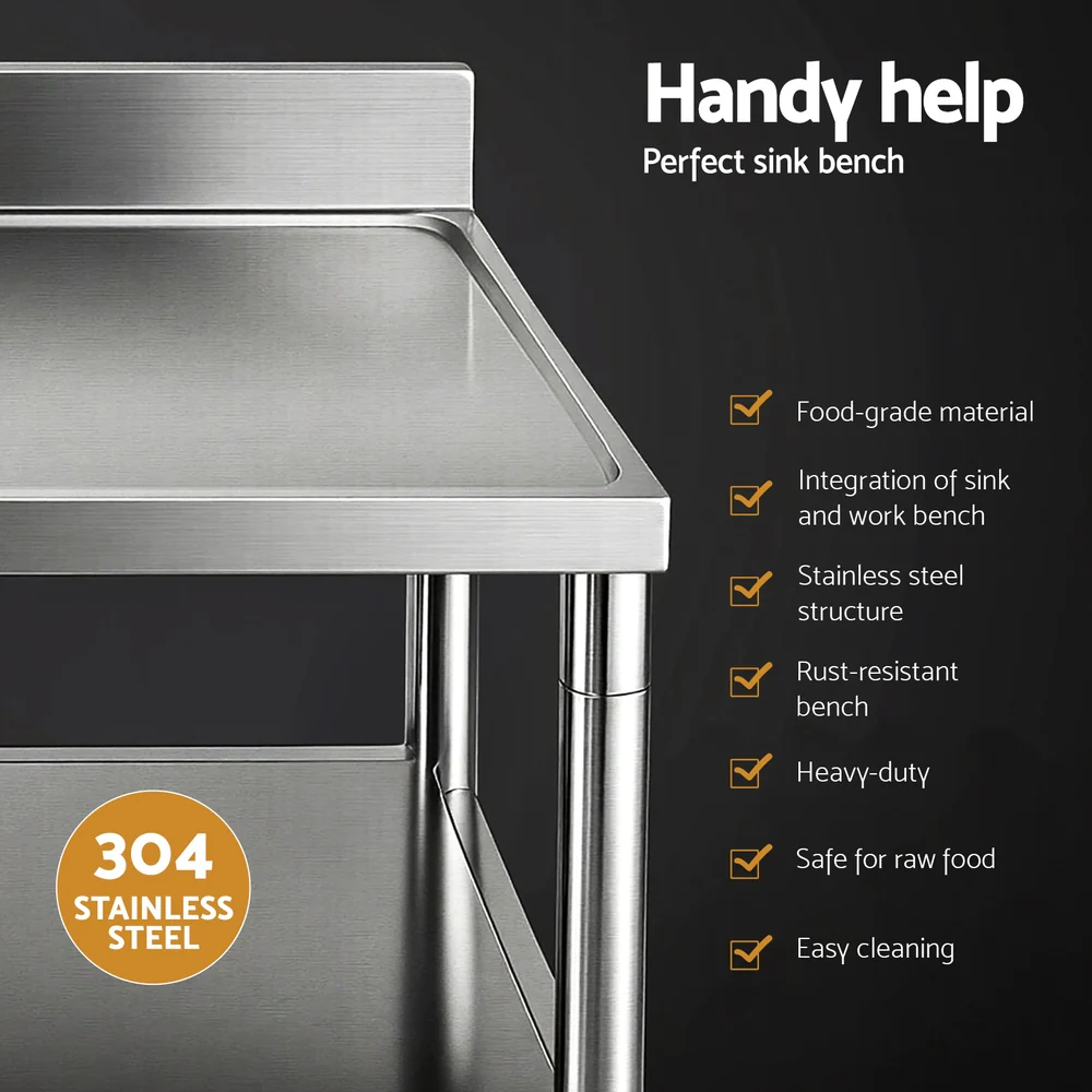 Stainless Steel Kitchen Bench Work Table with Sink Splashback 120cm - Image 4