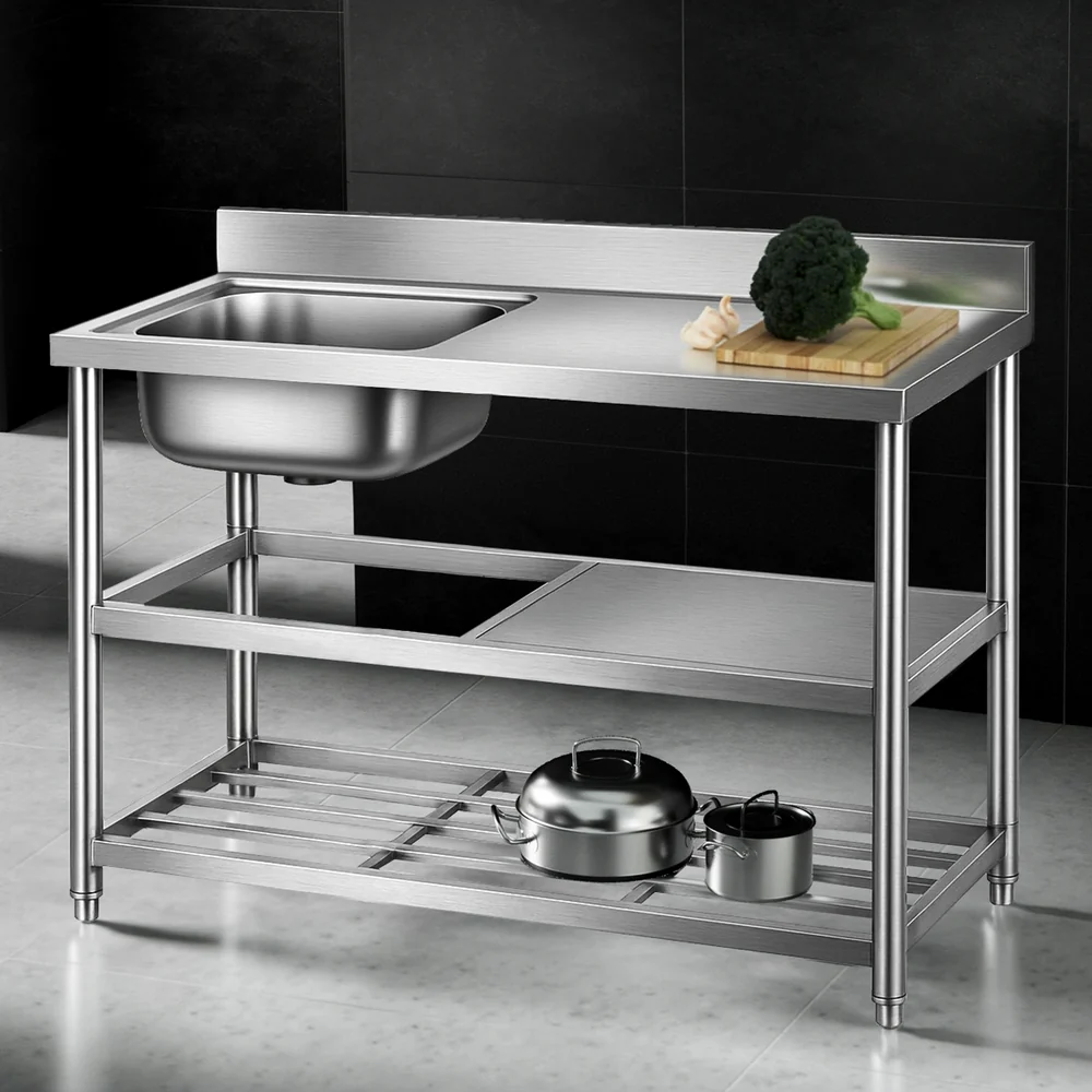 Stainless Steel Kitchen Bench Work Table with Sink Splashback 120cm - Image 7