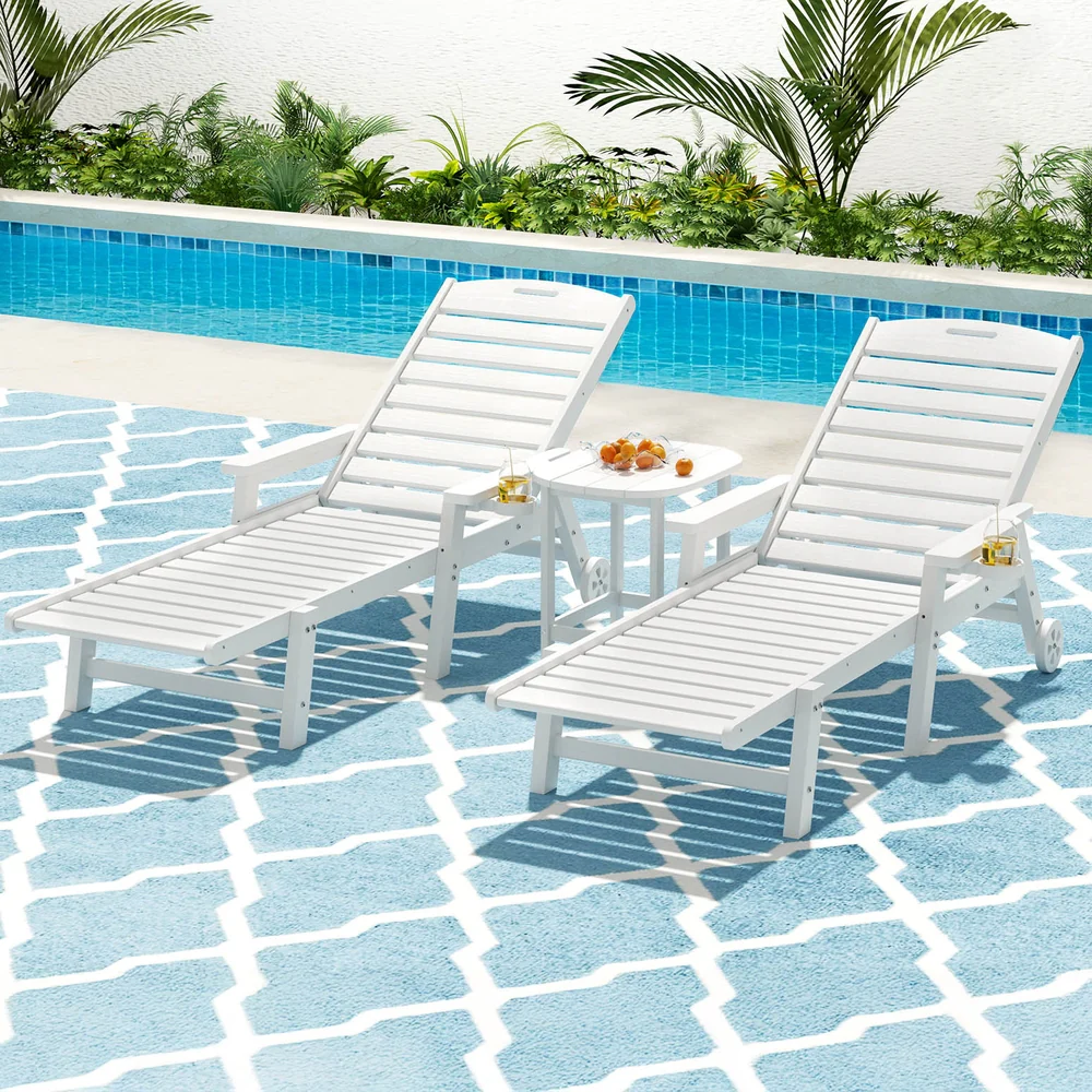Sun Lounge Lounger Beach Chair HDPE Patio Outdoor Furniture with Wheels White - Image 7
