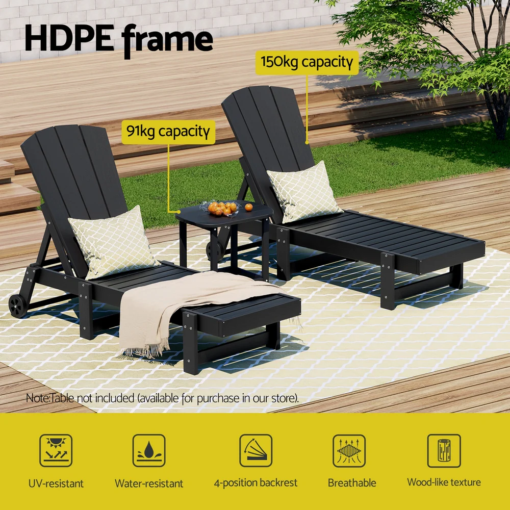 Sun Lounge Lounger Table and Chairs Beach Chair HDPE Patio Outdoor Furniture Wheels Black - Image 4