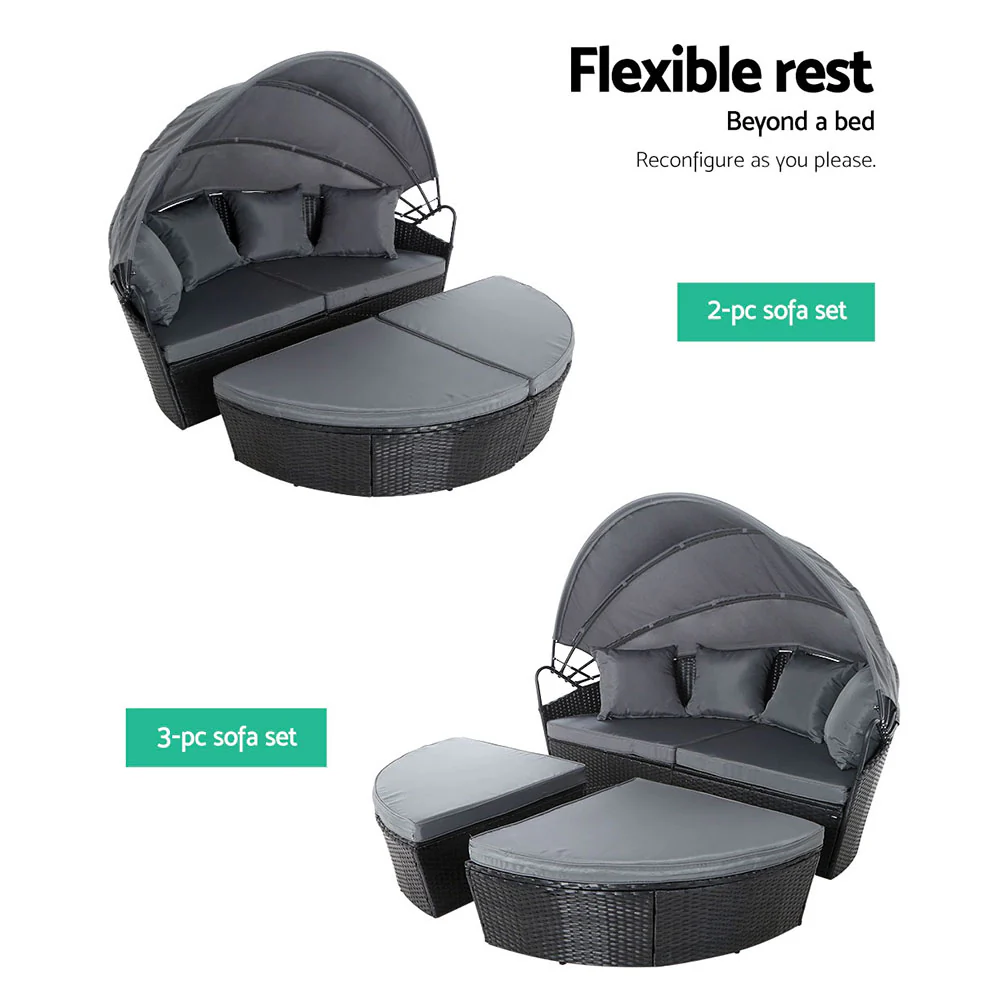 Sun Lounge Setting Wicker Lounger Day Bed Outdoor Furniture Patio Black - Image 5