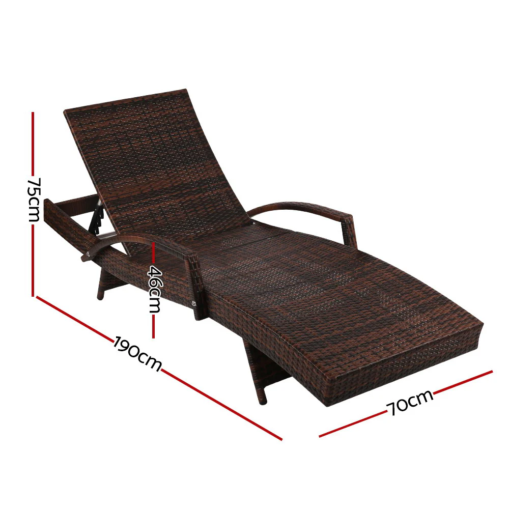 Sun Lounge Wicker Lounger Outdoor Furniture Beach Chair Patio Adjustable Cushion Brown - Image 2