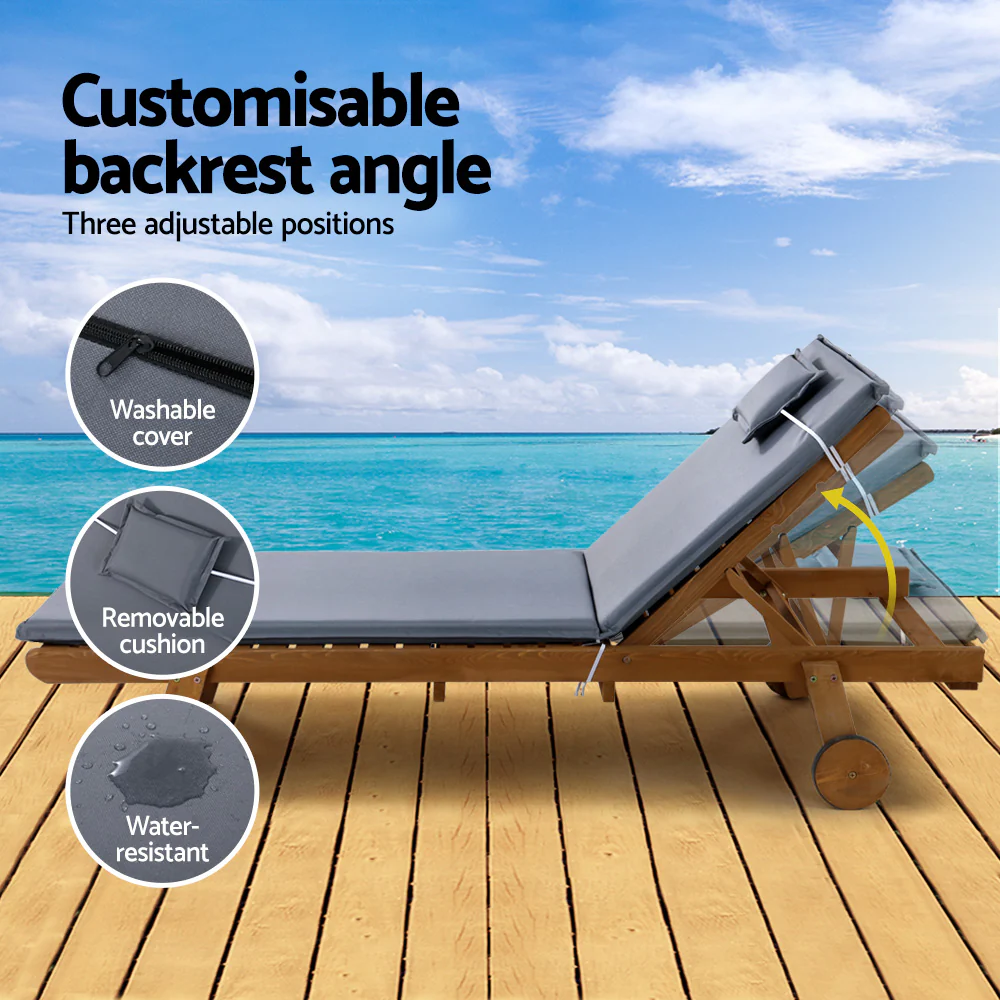 Sun Lounge Wooden Lounger Outdoor Furniture Day Bed Wheels Patio Grey - Image 5