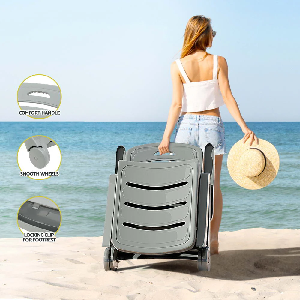 Sun Lounger Folding Lounge Chair Wheels Patio Outdoor Furniture Grey - Image 6