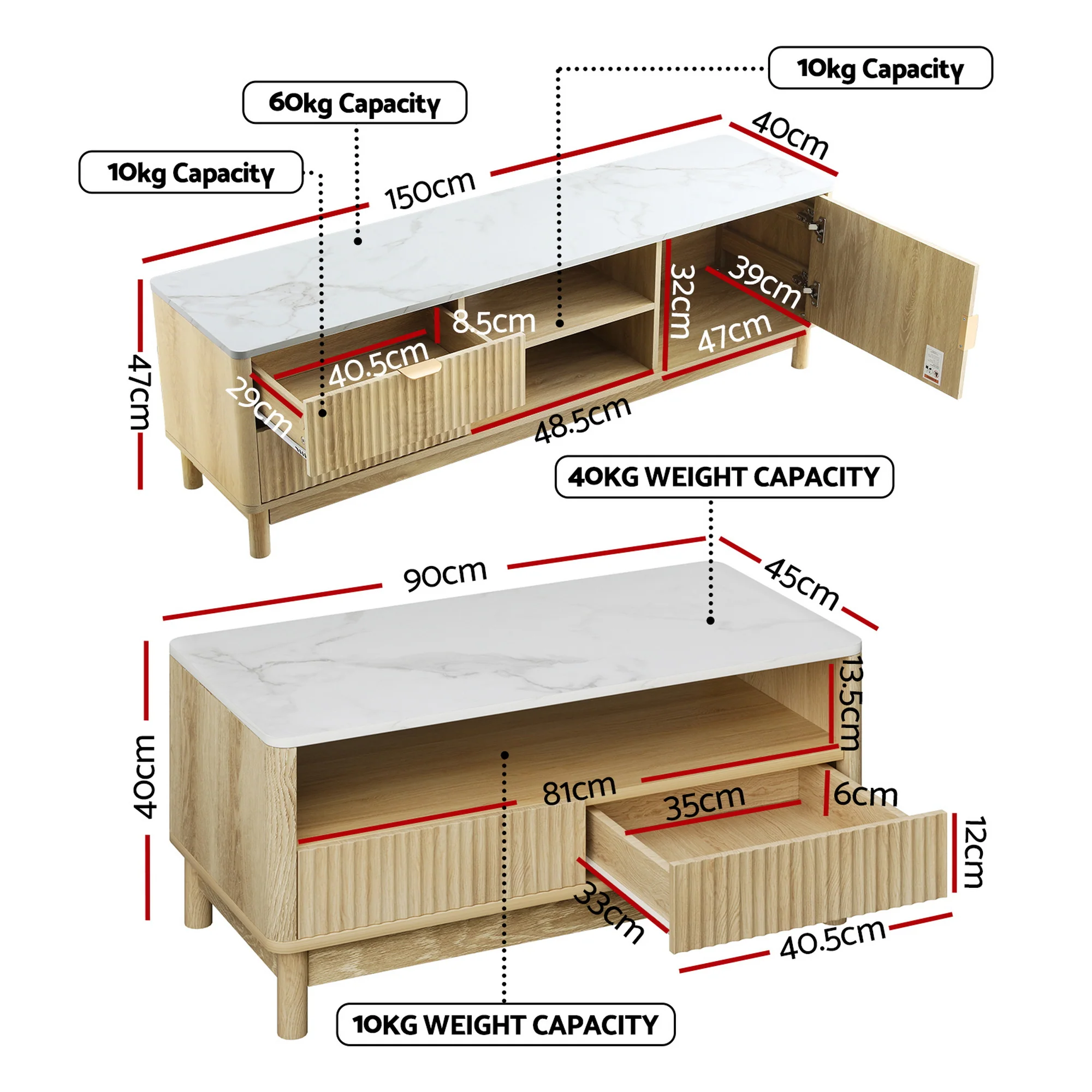 TV Unit and Coffee Table Set with Storage Drawers - Pine - Image 2