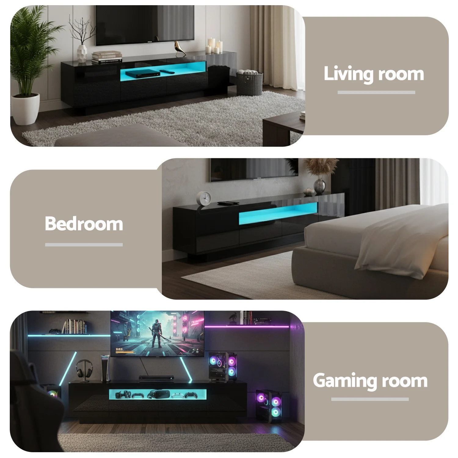 TV Unit Entertainment Unit Storage Drawer RGB LED 180cm Black - Image 8
