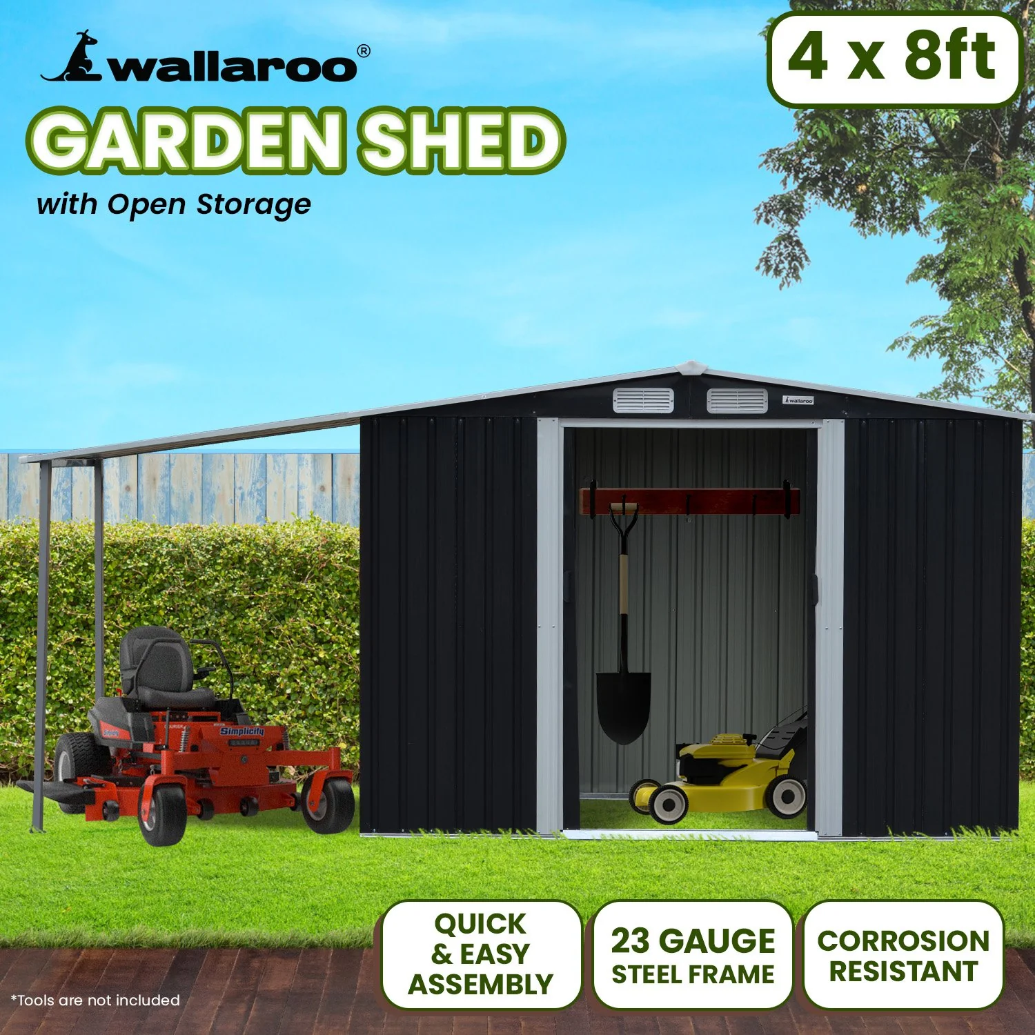 4x8ft Zinc Steel Garden Shed with Open Storage - Black - Image 11