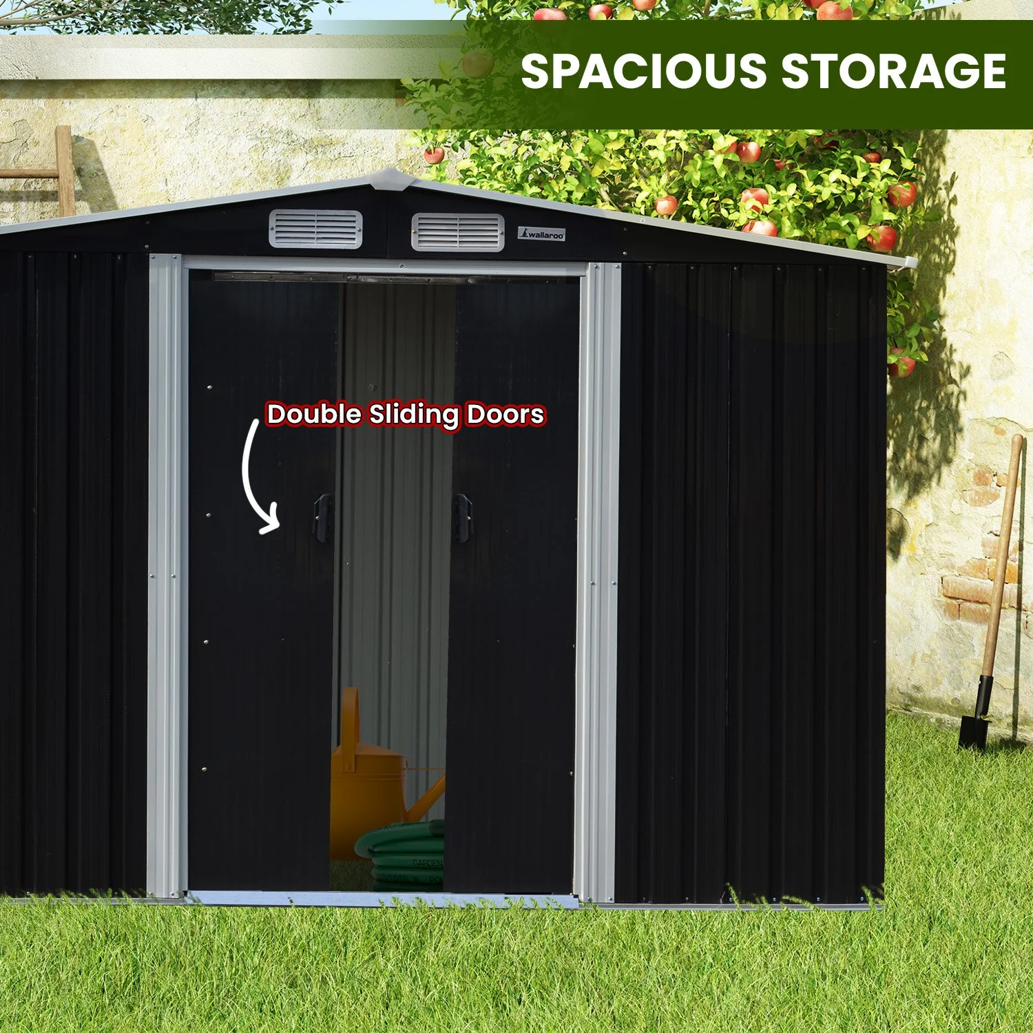 4x8ft Zinc Steel Garden Shed with Open Storage - Black - Image 6