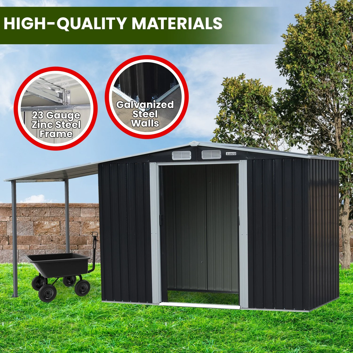 4x8ft Zinc Steel Garden Shed with Open Storage - Black - Image 8