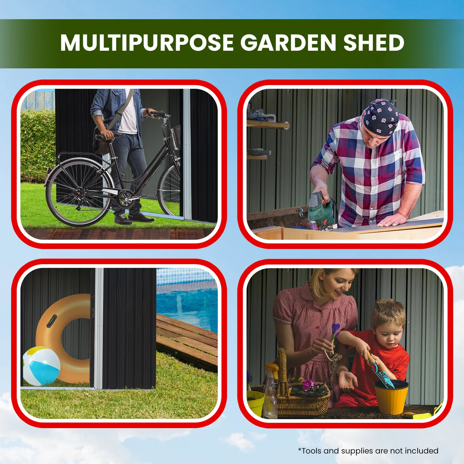 4x8ft Zinc Steel Garden Shed with Open Storage - Black - Image 9
