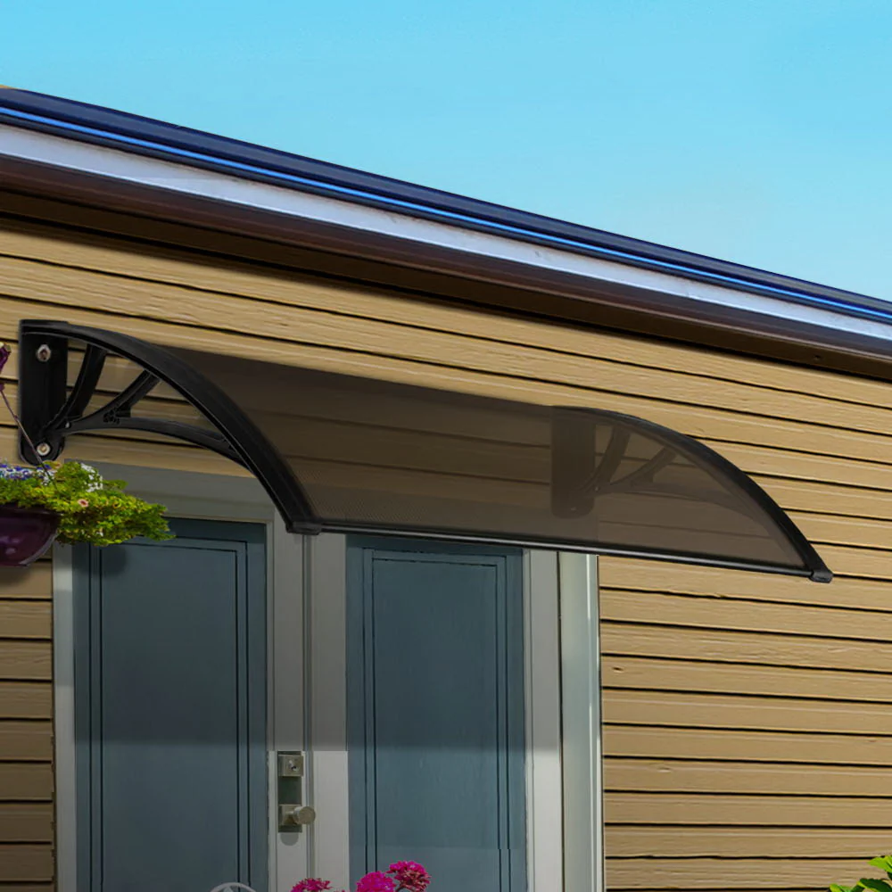 Window Awning Door Canopy 1m x 4m Brown Sheet Black Plastic Frame