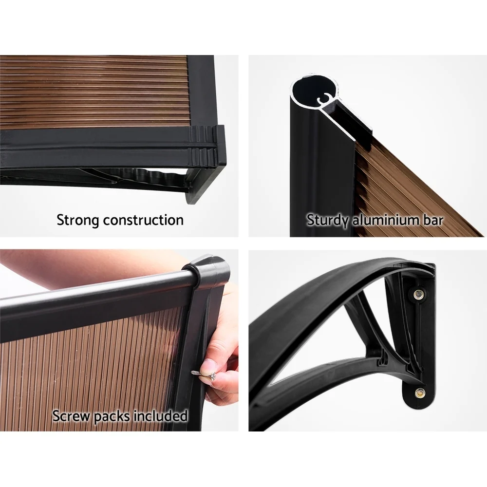Window Awning Door Canopy 1m x 4m Brown Sheet Black Plastic Frame - Image 6