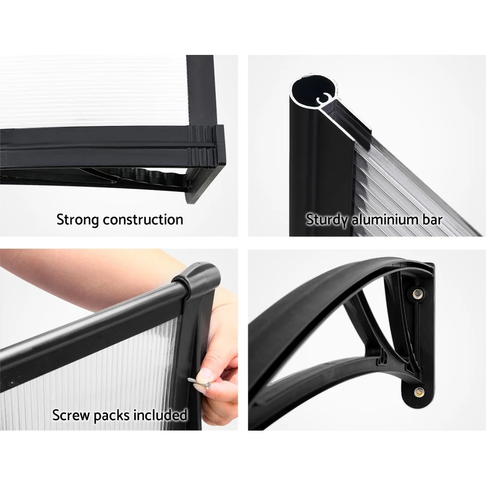 Window Awning Door Canopy 1m x 4m Transparent Sheet Black Plastic Frame - Image 6