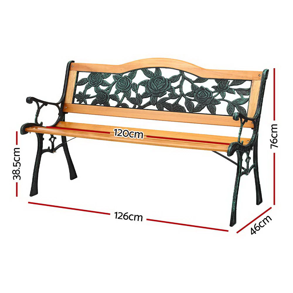 Wooden Outdoor Garden Bench Seat with Cast Iron Pattern - Image 2
