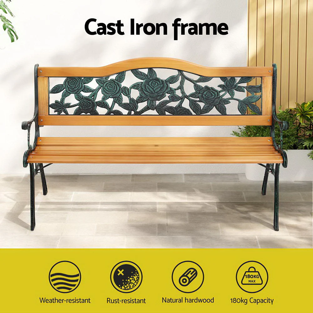 Wooden Outdoor Garden Bench Seat with Cast Iron Pattern - Image 4