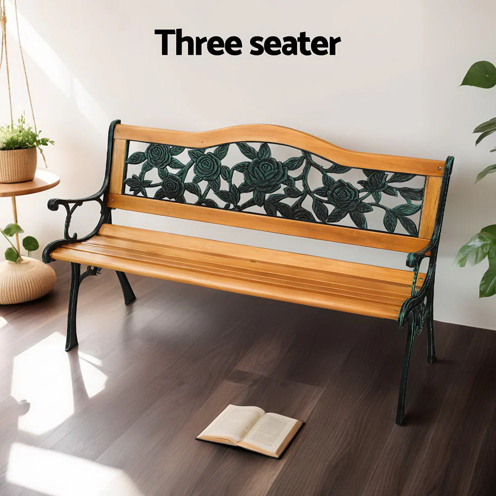 Wooden Outdoor Garden Bench Seat with Cast Iron Pattern - Image 6
